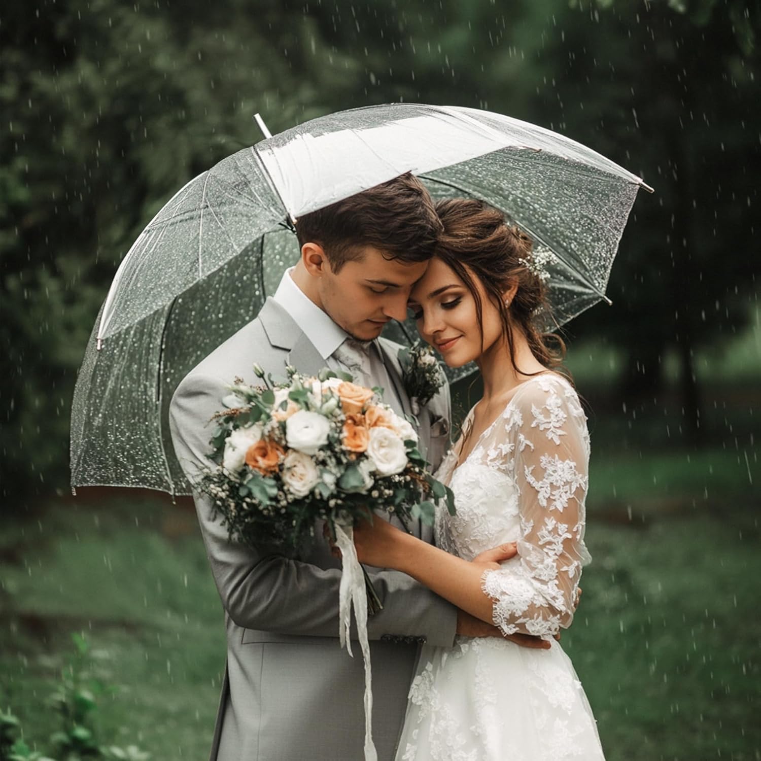 10 Pack Clear Wedding Umbrellas Bulk Transparent Auto Open Close Windproof Waterproof Stick Umbrellas with White J-Hook Handle for Brides, Grooms, Photography & Outdoor Events